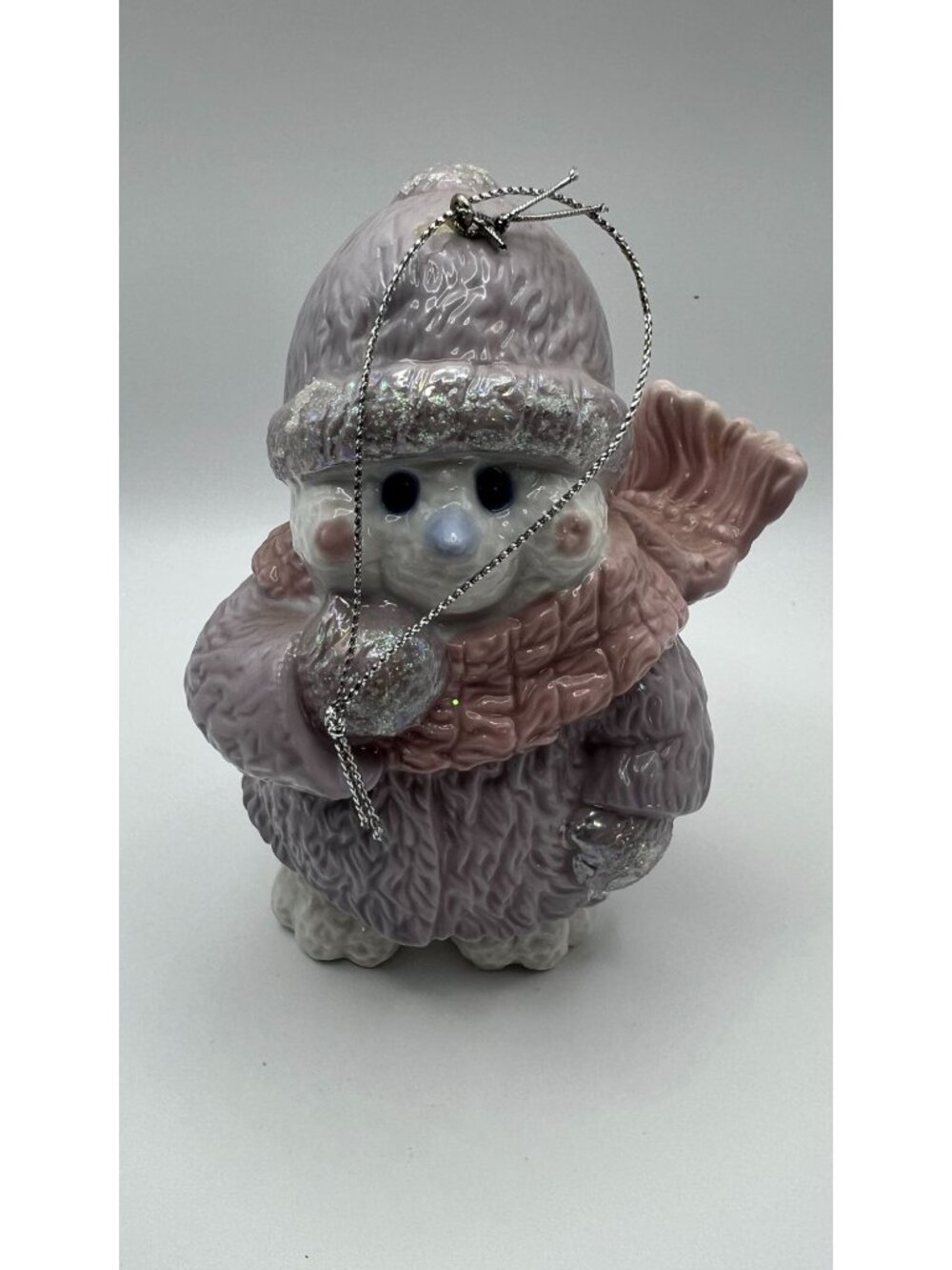 Ceramic Snowman Ornament With Glitter Hat & Scarf Lavender & Pink Accents Hangin